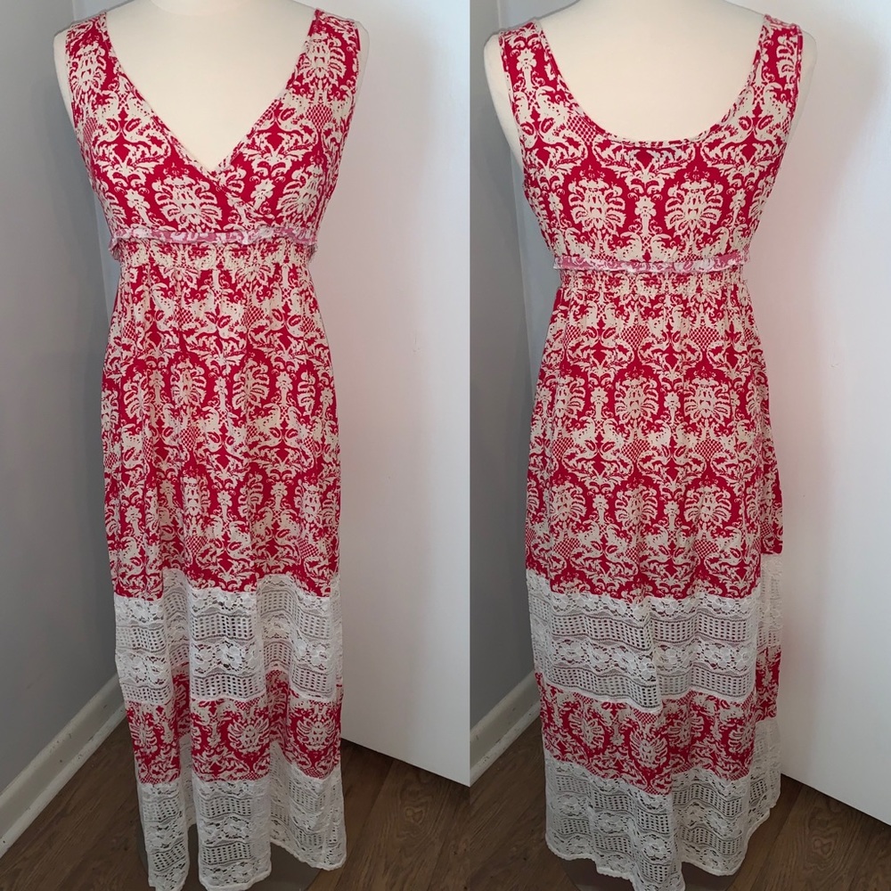 Women’s Ikat Maxi Dress Red & White M Long Sleeveless Summer Print Sz 8 10 - Picture 2 of 11